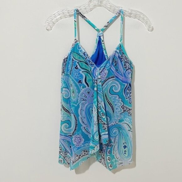 Beach House Ruffle Mesh Layer Underwire Blue Tankini Top Swim Top Size 6 - Picture 1 of 7